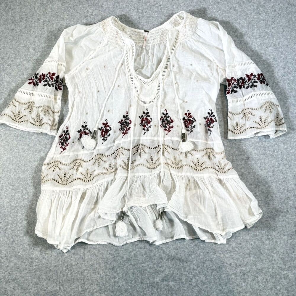 Free People You're Mine Ivory Embroidered Peasant Tunic Gauze Boho Top S Cotton